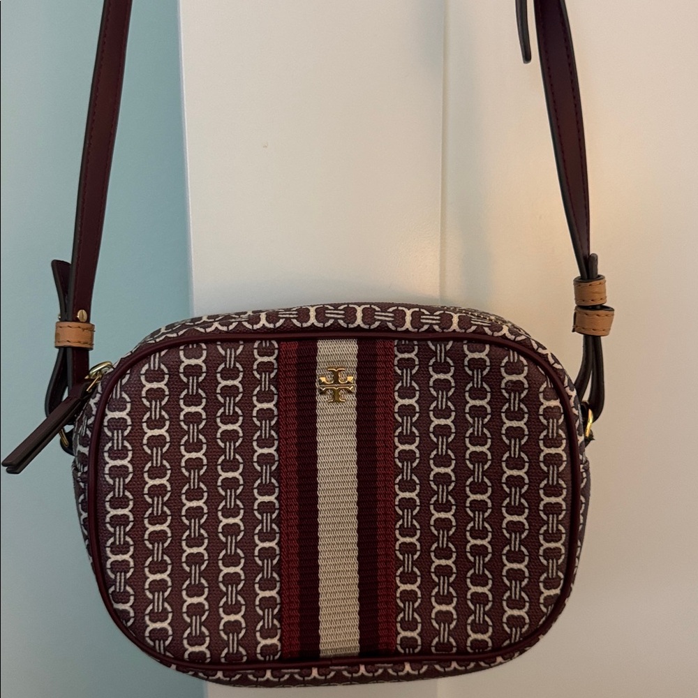 Tory Burch Maroon and White Patterned Clutch